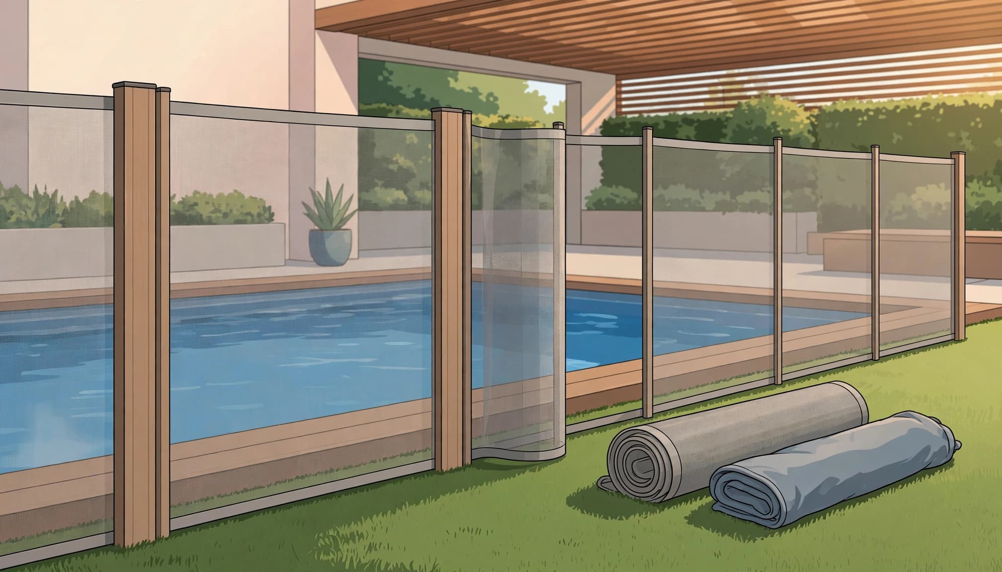 A rolled mesh panel rests beside a storage bag on artificial turf at a covered patio.