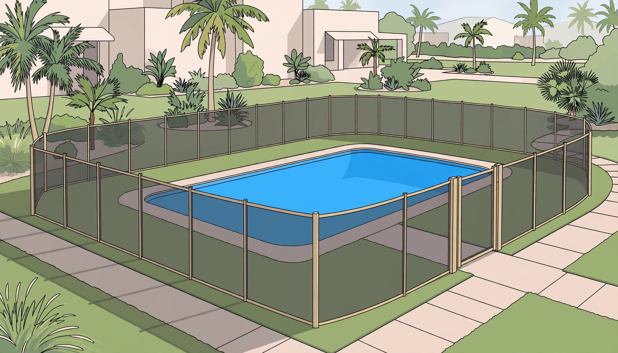 A removable mesh barrier follows the edge of a backyard pool across artificial turf.
