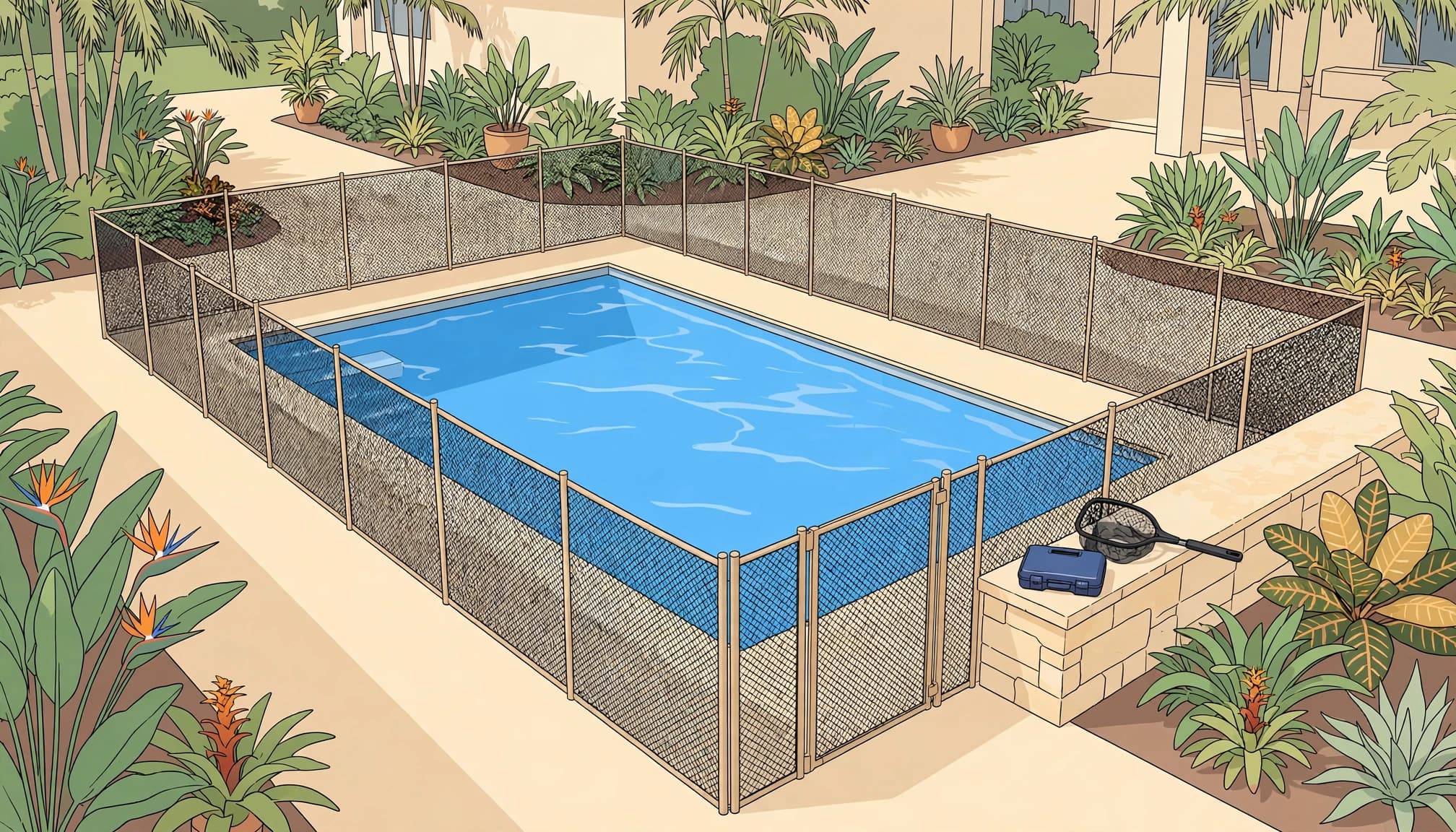 A test kit and skimmer beside a mesh-fenced pool show the pool safety snowbird homes need during long absences.