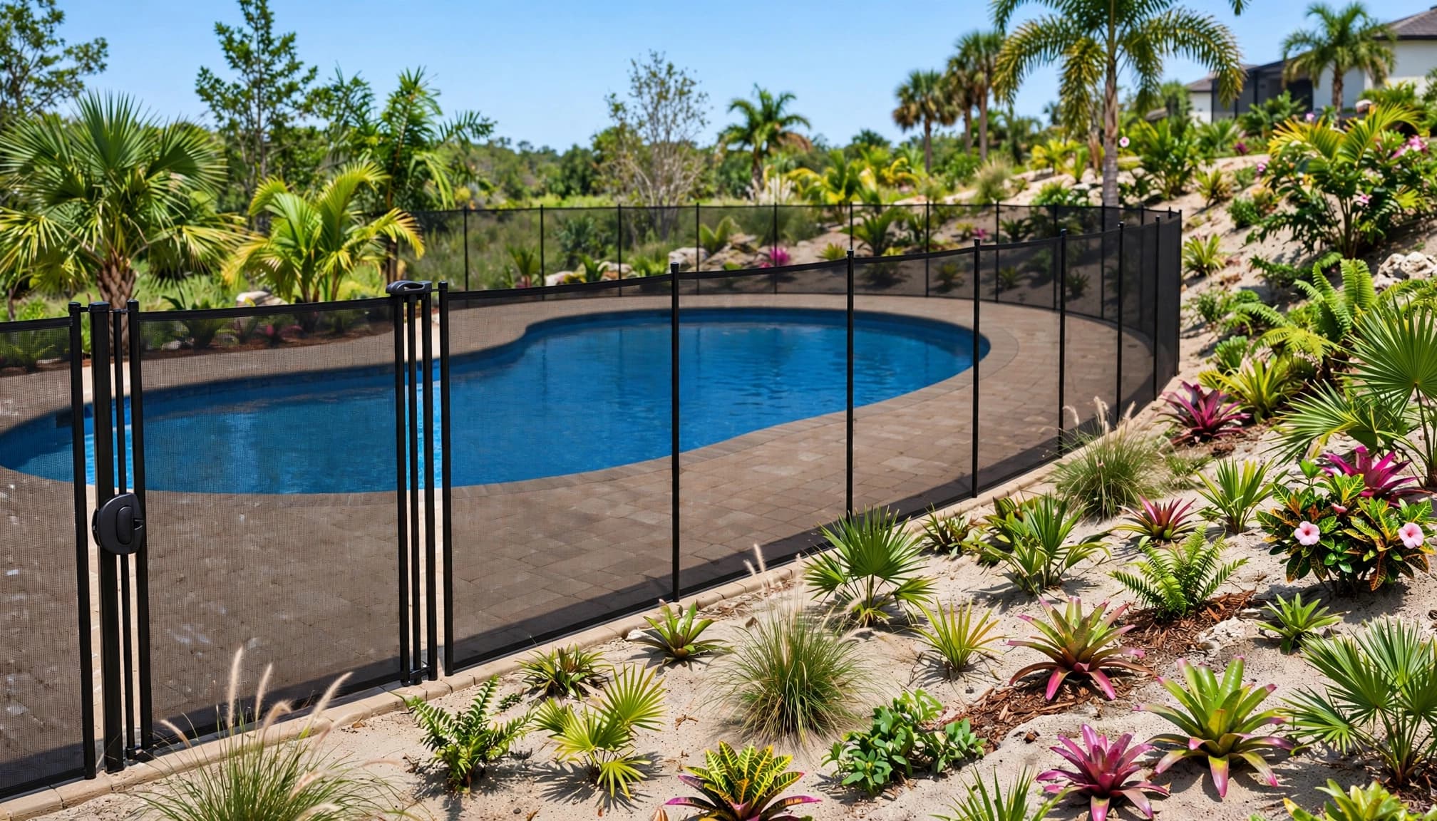 A mesh pool fence follows a gentle slope beside a sunny backyard pool.