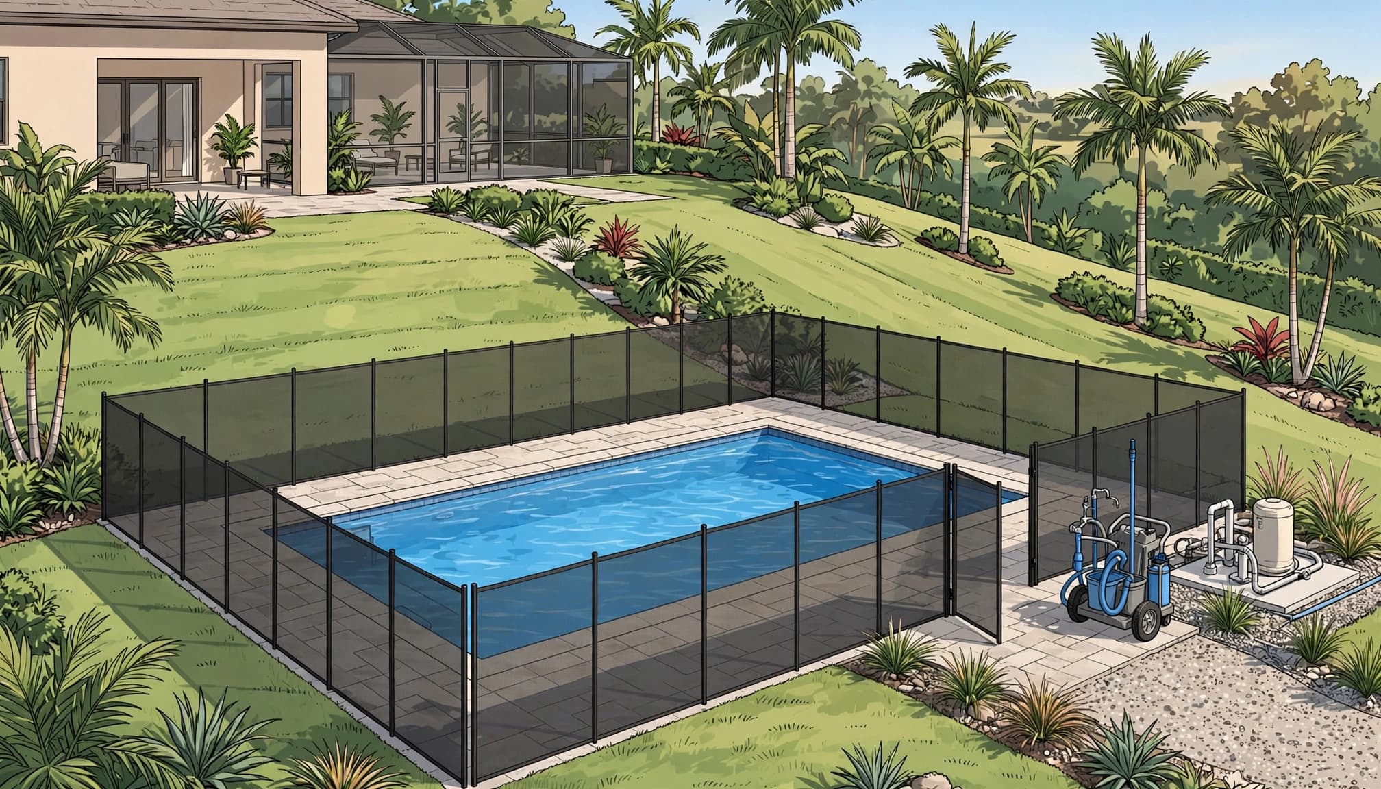 Mesh fencing surrounds a pool on a sloped yard with a side gate and service cart.