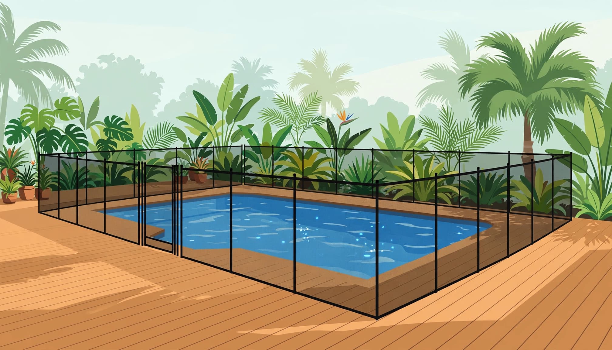 Composite pool decks with a removable mesh fence enclosing a backyard swimming pool.