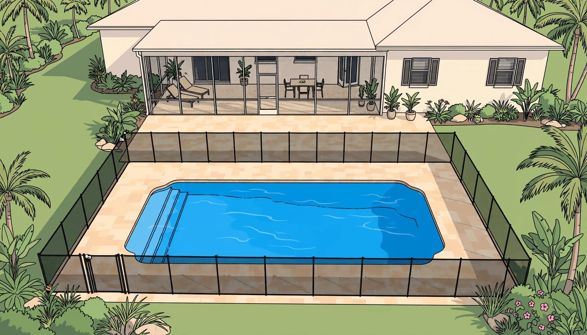 Pool barrier planning with a removable mesh fence surrounding a Southwest Florida backyard pool.