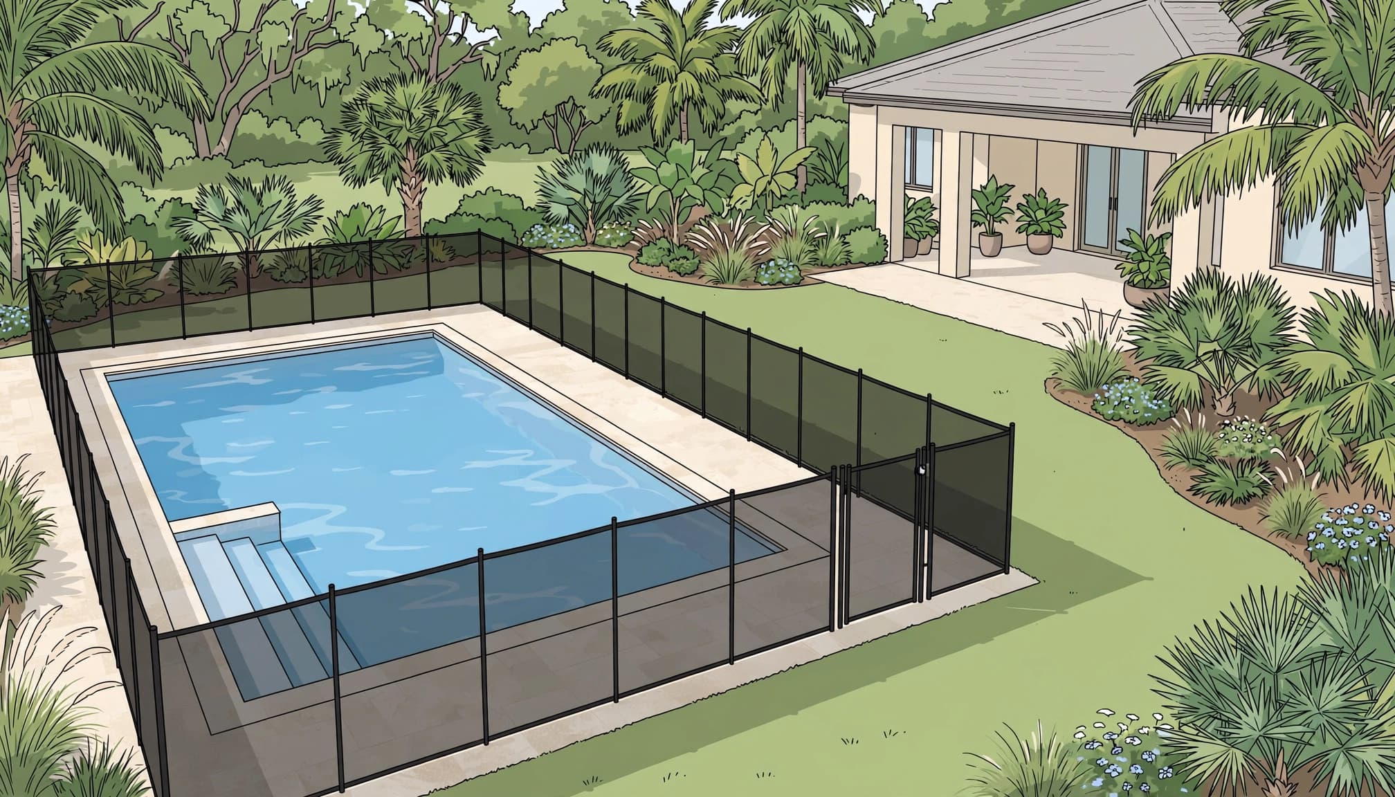 A proposed pool fence HOA approval layout with removable mesh fencing separating the pool from the lawn.