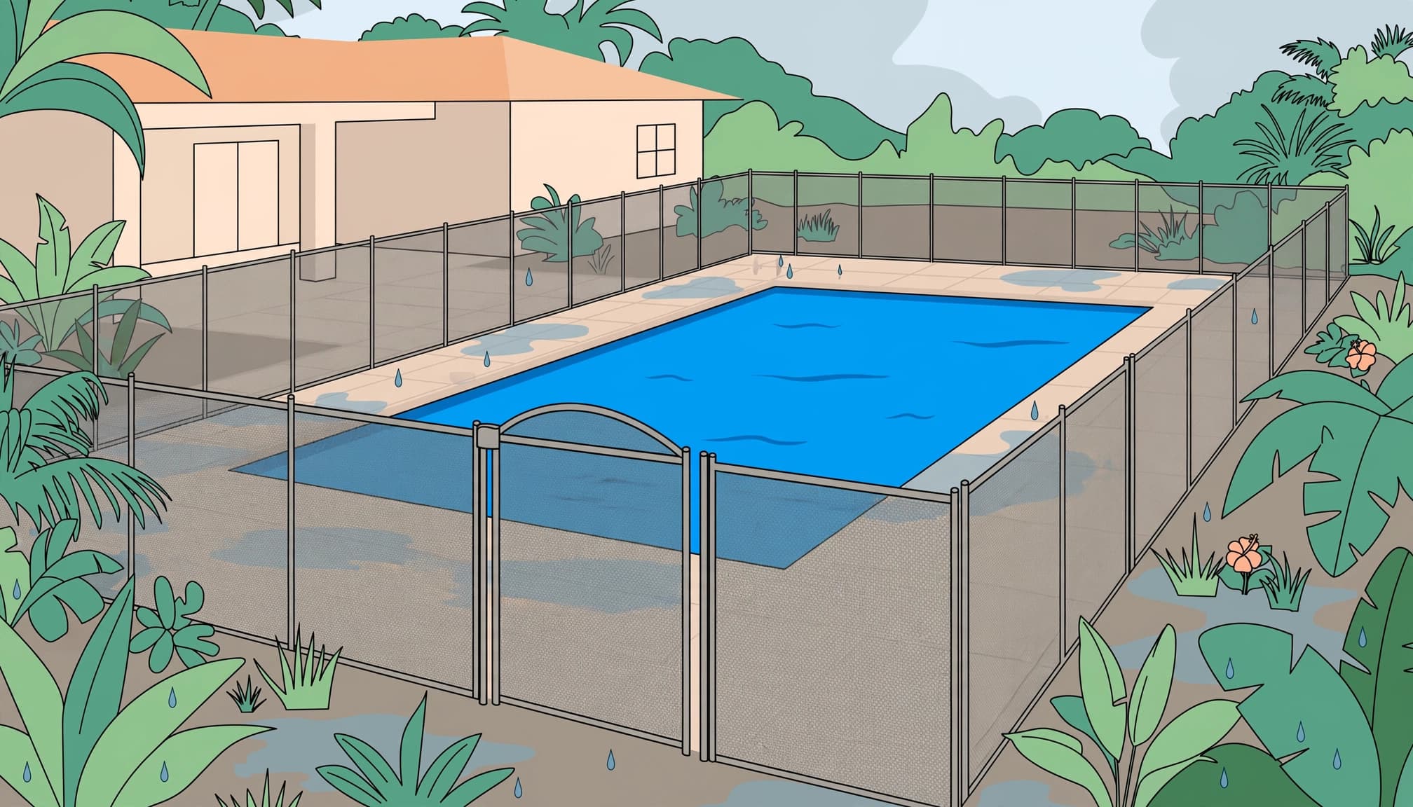Illustration of pool water safety with a removable mesh fence surrounding a backyard pool