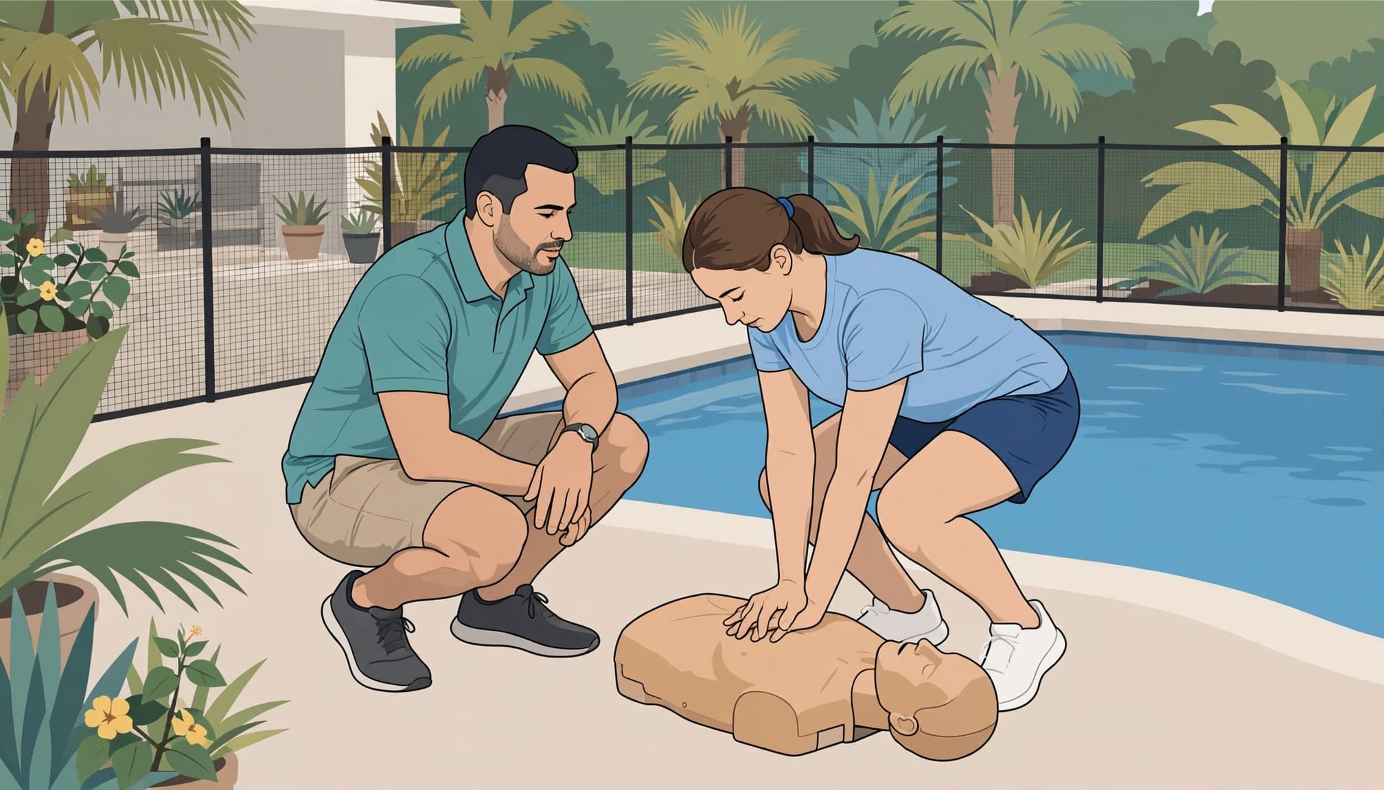 Two adults practicing pool CPR on a manikin beside a residential swimming pool.