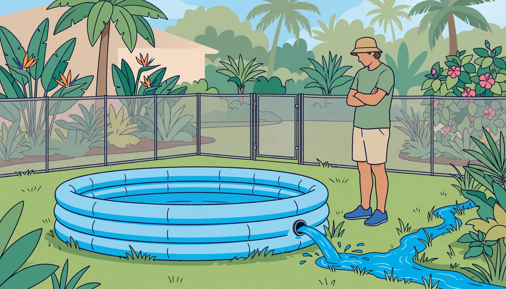 Adult supervising water drainage from an inflatable kiddie pool beside a removable mesh safety fence.