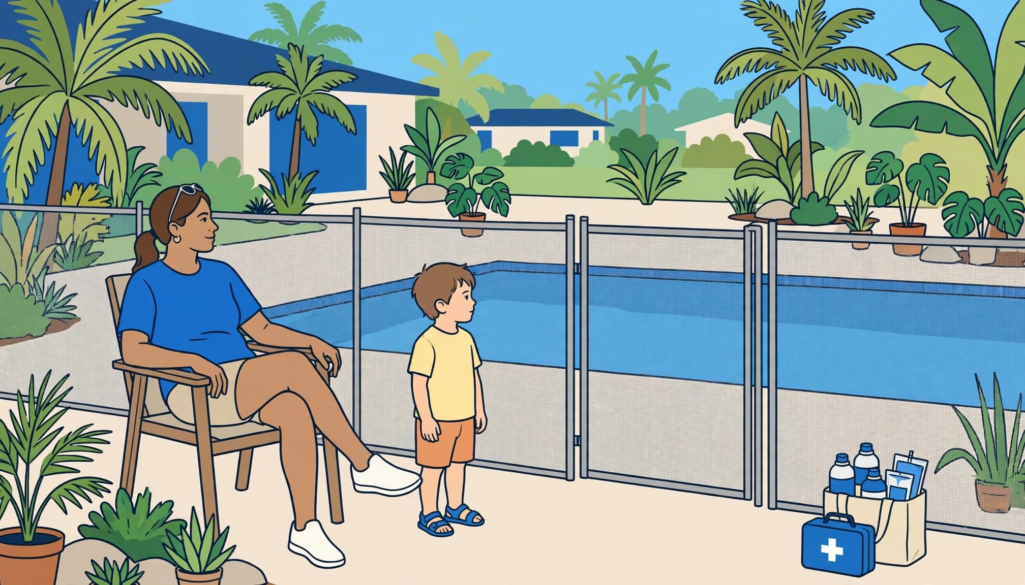 A family beside a removable mesh pool fence prepares a backyard water emergency plan.