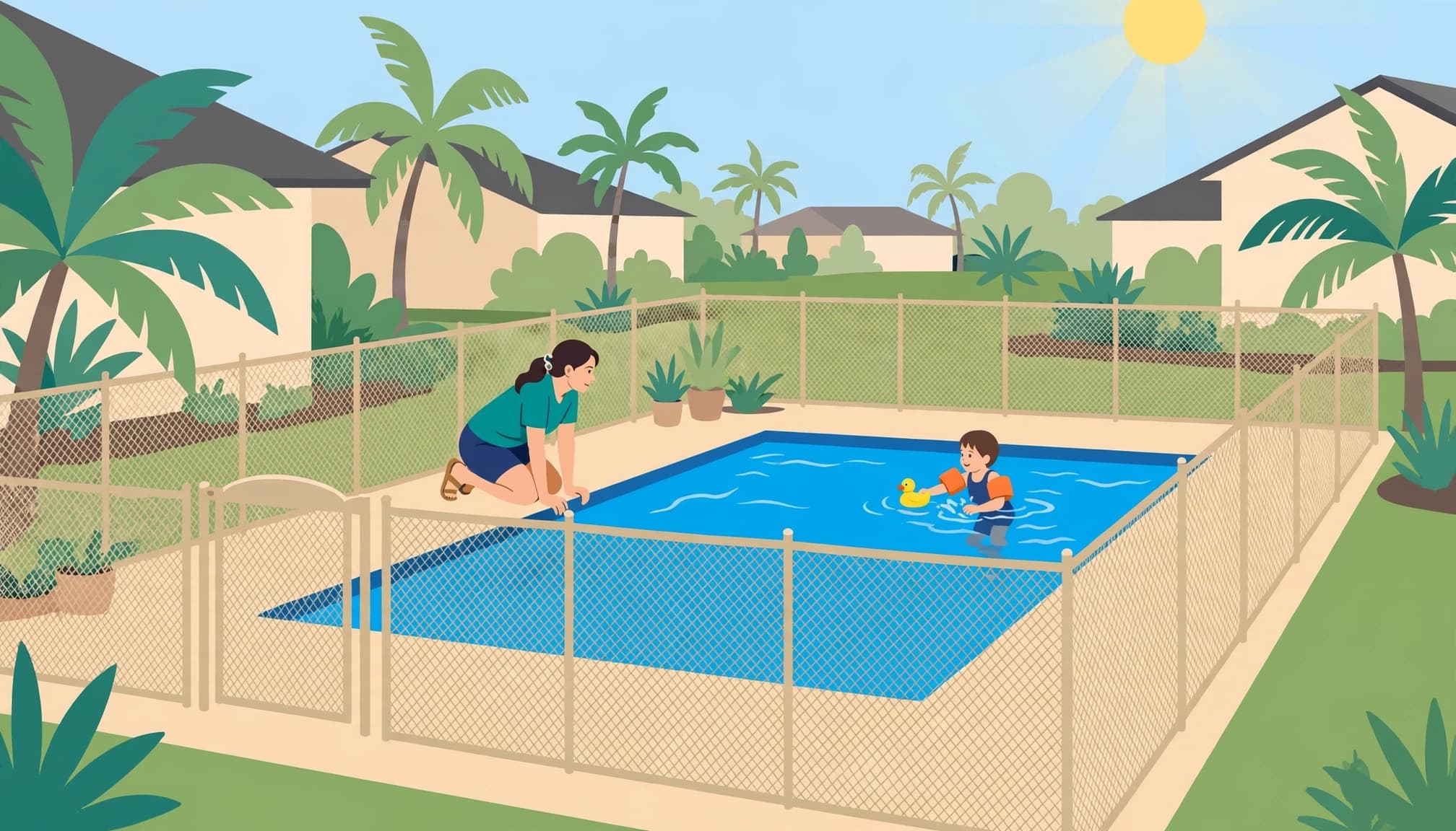 An adult supervises a child beside a removable mesh fence, supporting pool CPR readiness and drowning prevention.