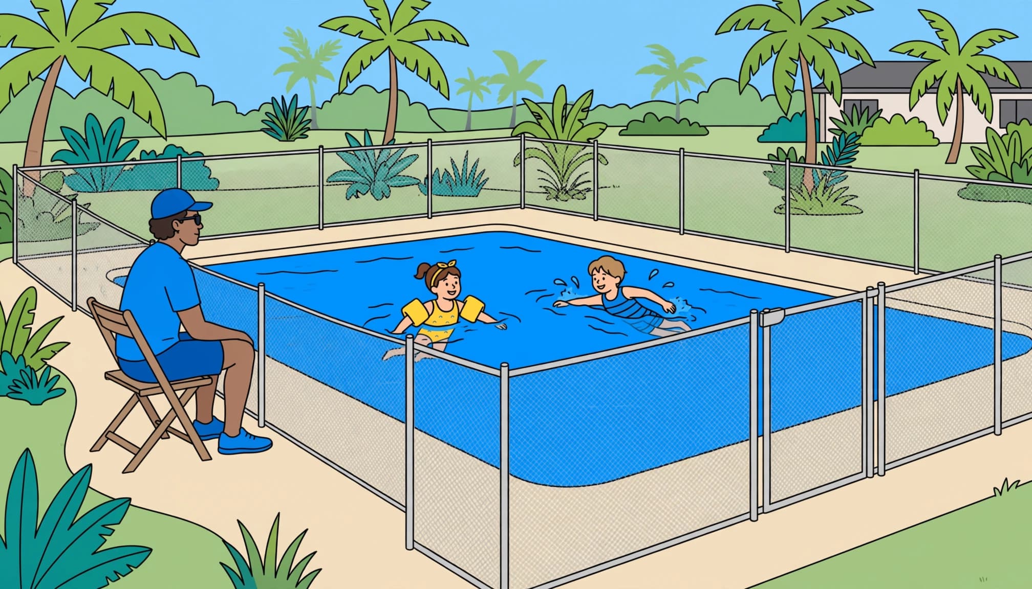An adult following a water watcher rotation watches two swimmers beside a removable mesh pool fence.