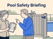 A babysitter reviews a checklist with a parent beside a latched pool gate.