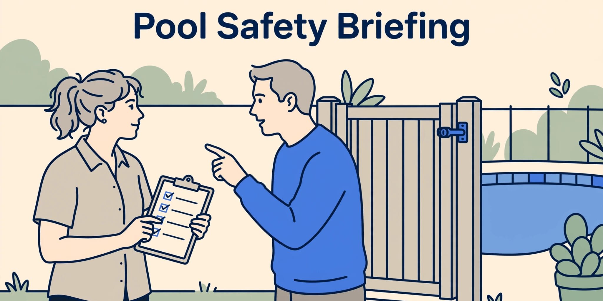 A babysitter reviews a checklist with a parent beside a latched pool gate.