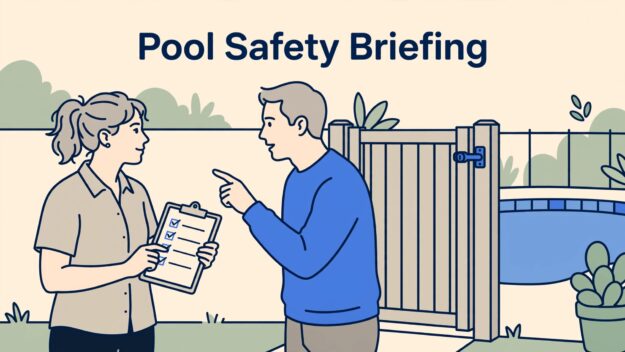 Pool Safety Briefing A babysitter reviews a checklist with a parent beside a latched pool gate.