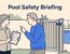 A babysitter reviews a checklist with a parent beside a latched pool gate.