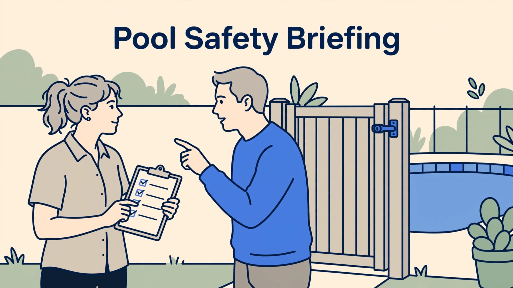A babysitter reviews a checklist with a parent beside a latched pool gate.