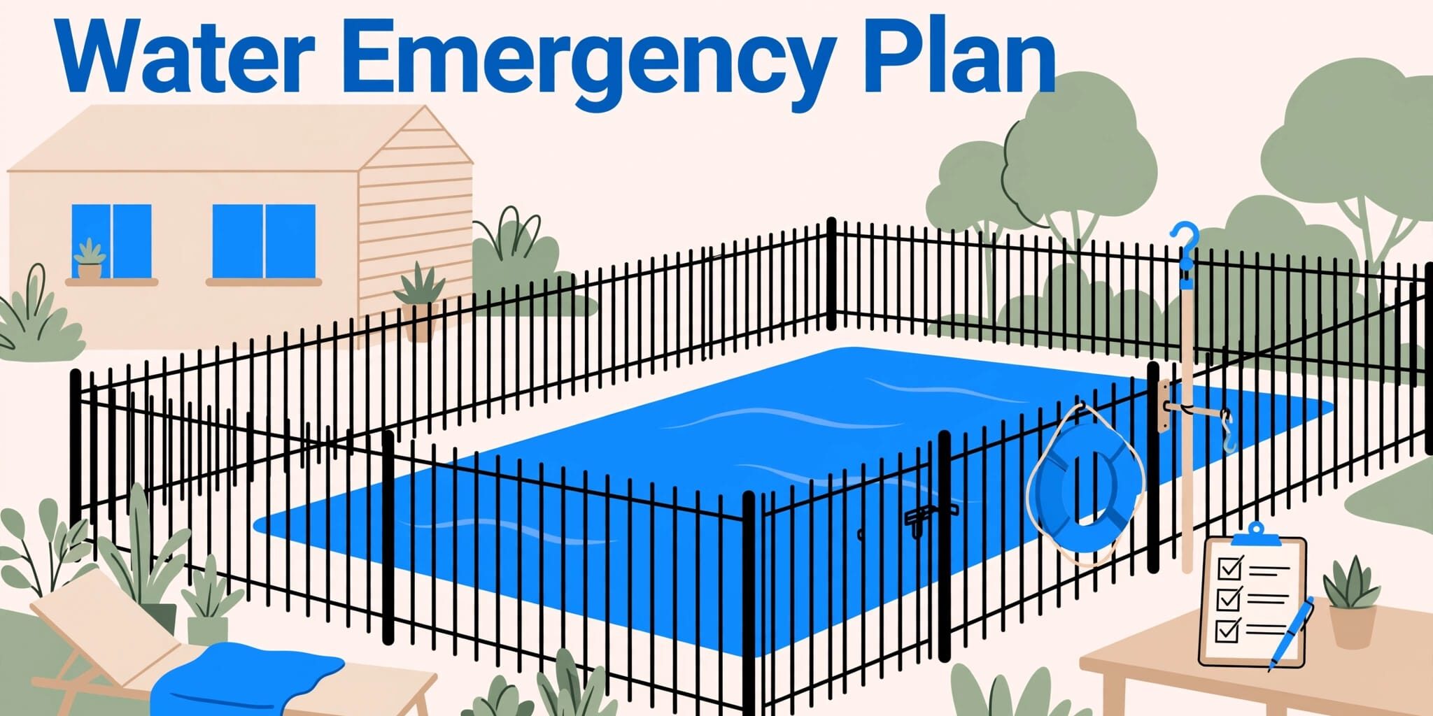 Backyard Pool Safety Setup A fenced backyard pool with rescue equipment and an emergency checklist nearby.