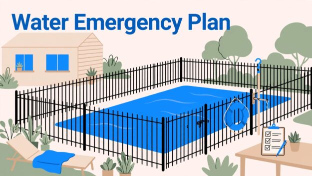 Backyard Pool Safety Setup A fenced backyard pool with rescue equipment and an emergency checklist nearby.