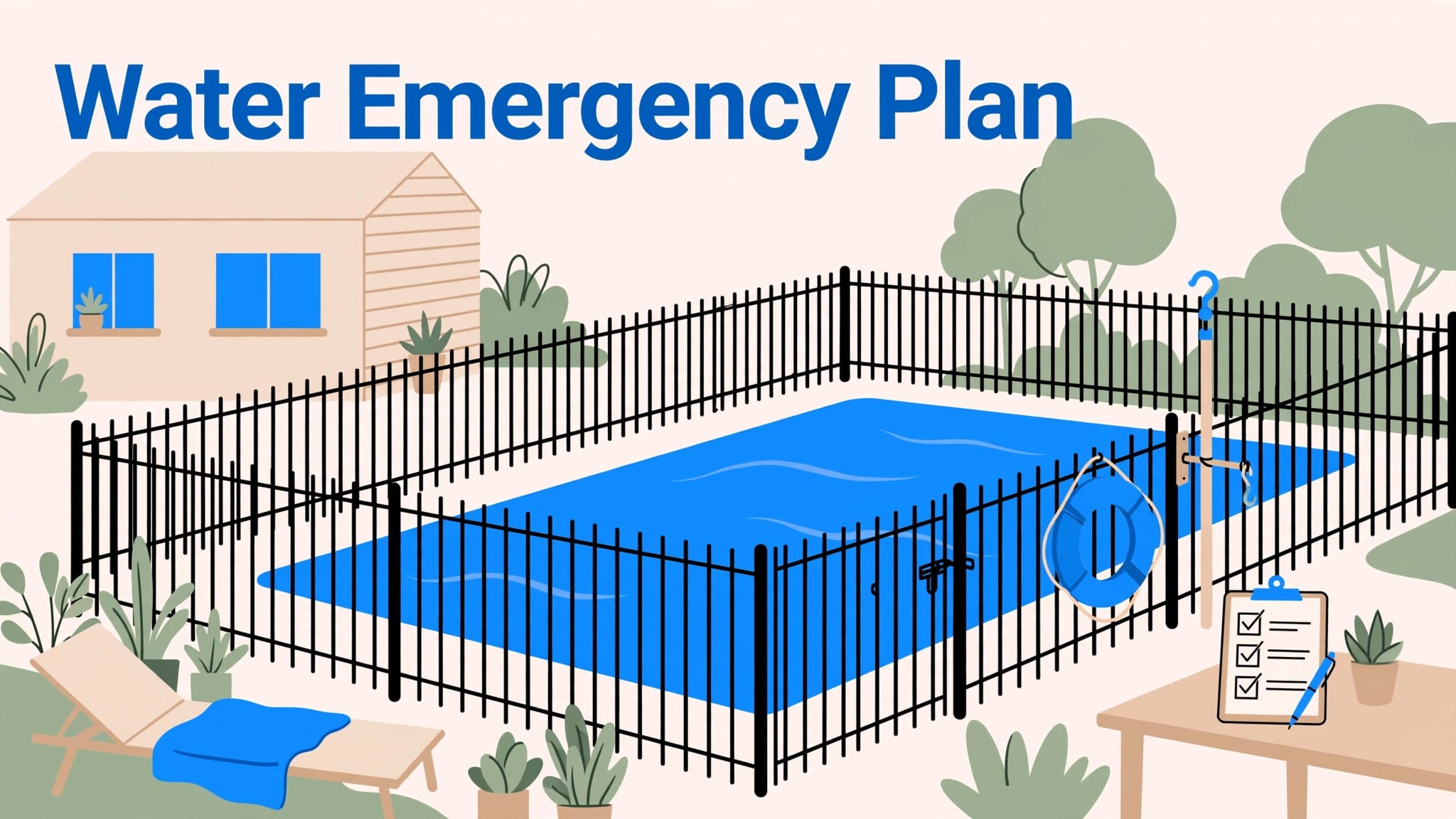A fenced backyard pool with rescue equipment and an emergency checklist nearby.