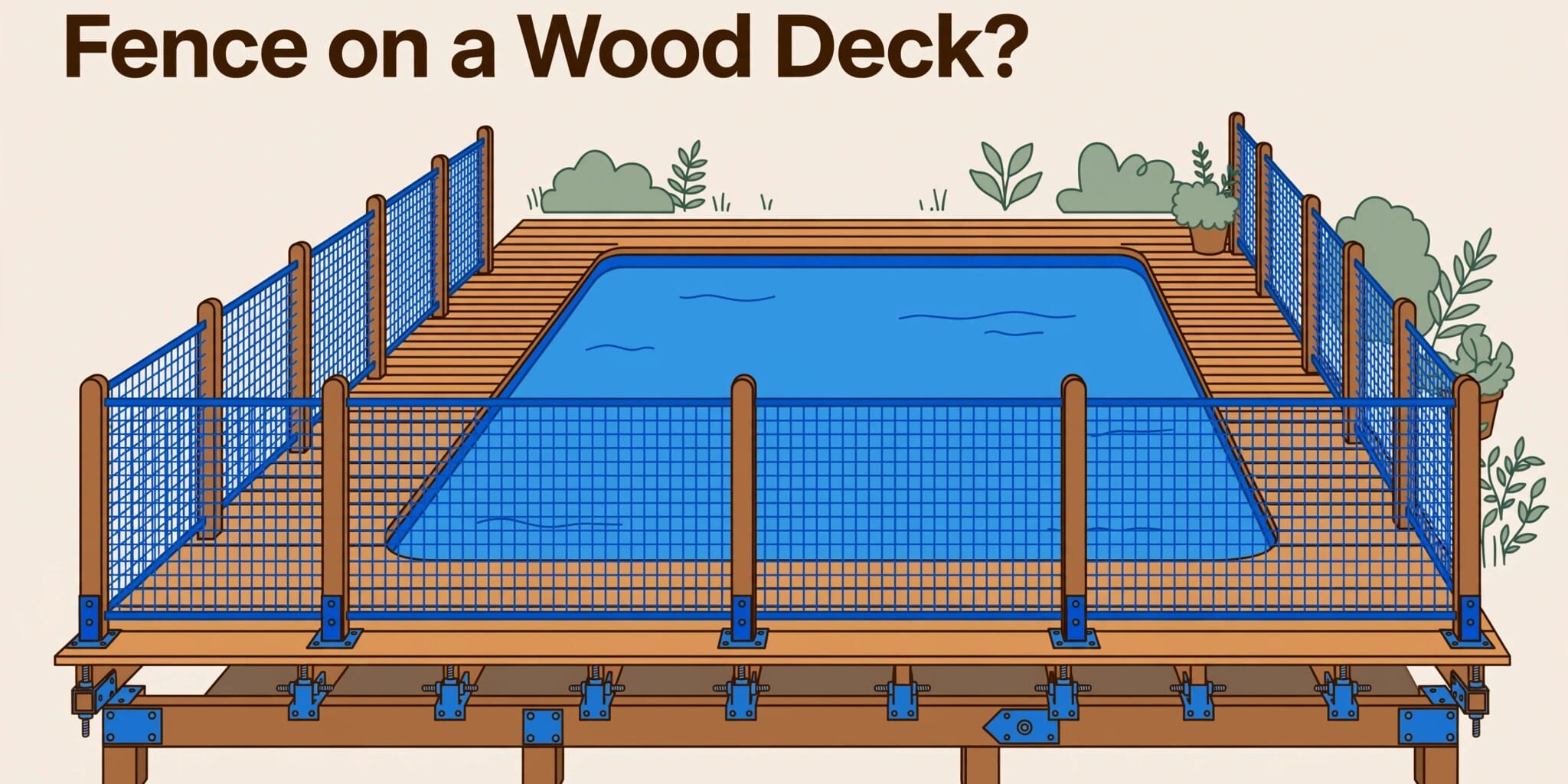 Removable Pool Fence A mesh safety fence is anchored to a wooden deck beside a blue pool.