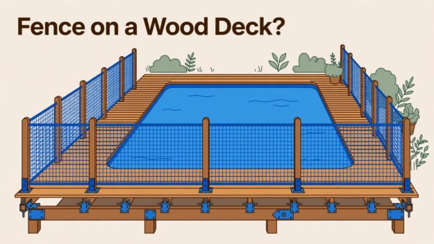 Removable Pool Fence A mesh safety fence is anchored to a wooden deck beside a blue pool.