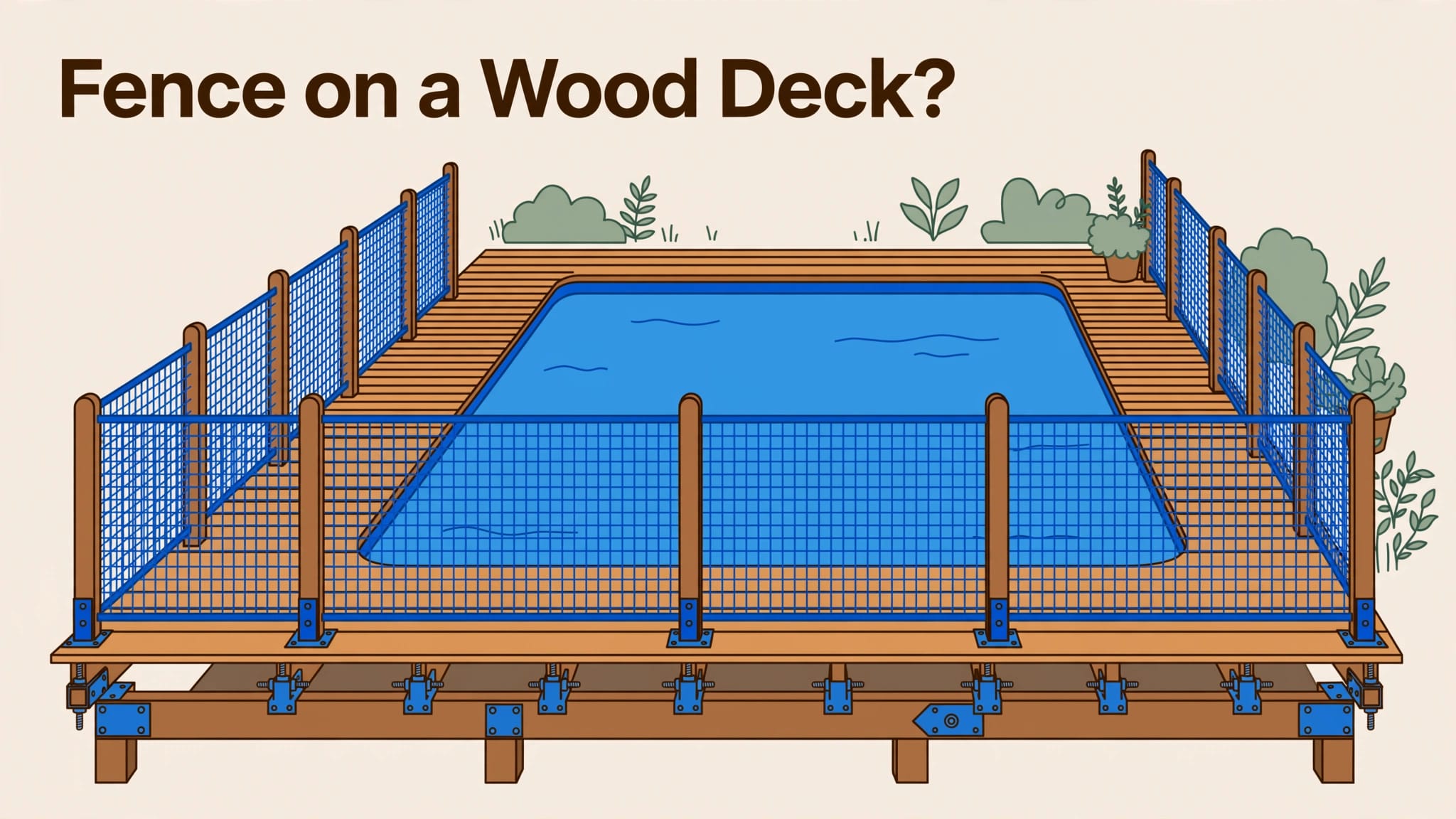A mesh safety fence is anchored to a wooden deck beside a blue pool.