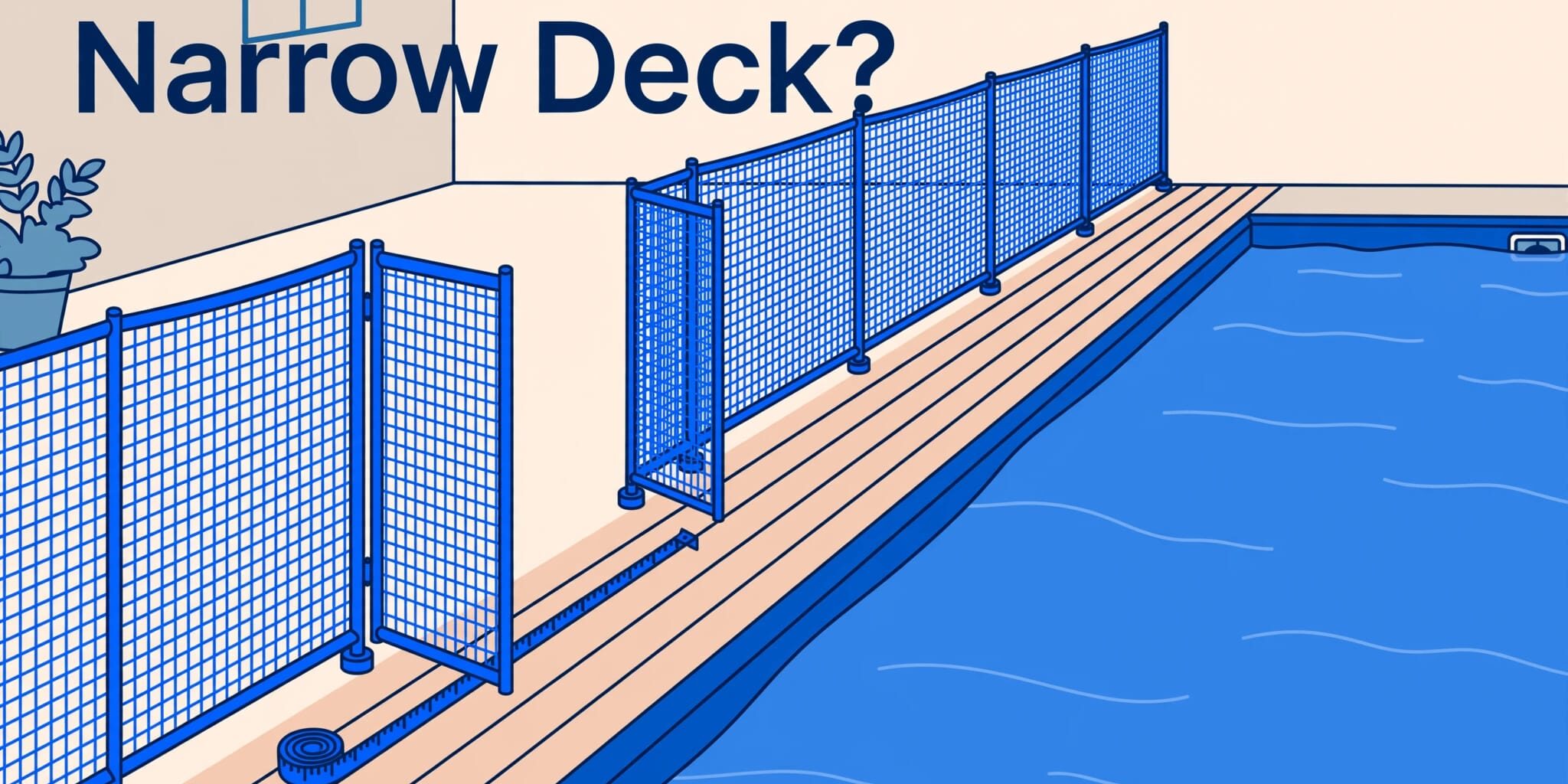 A blue mesh fence and inward-swinging gate border a narrow pool deck.