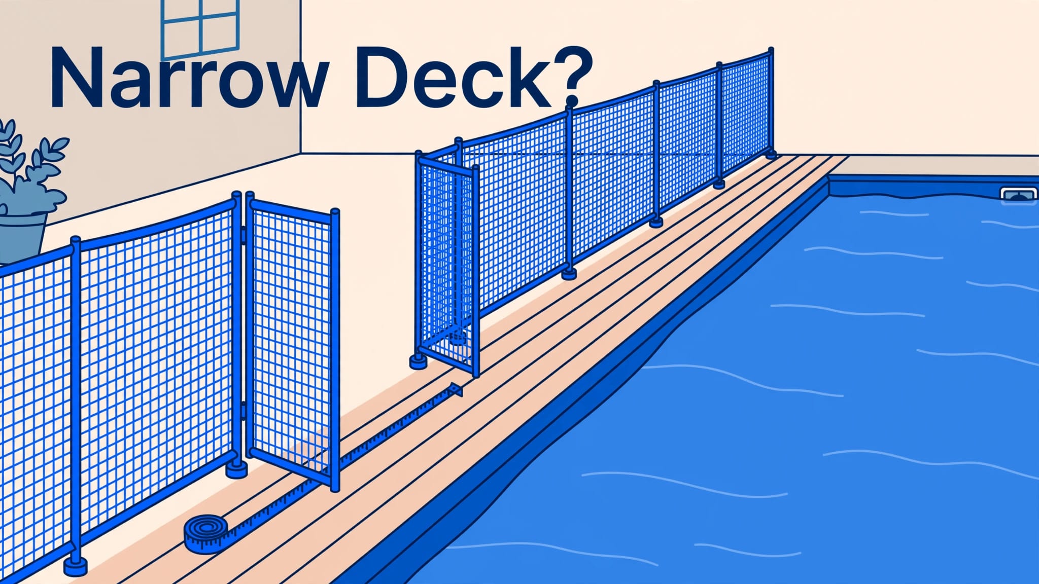 A blue mesh fence and inward-swinging gate border a narrow pool deck.