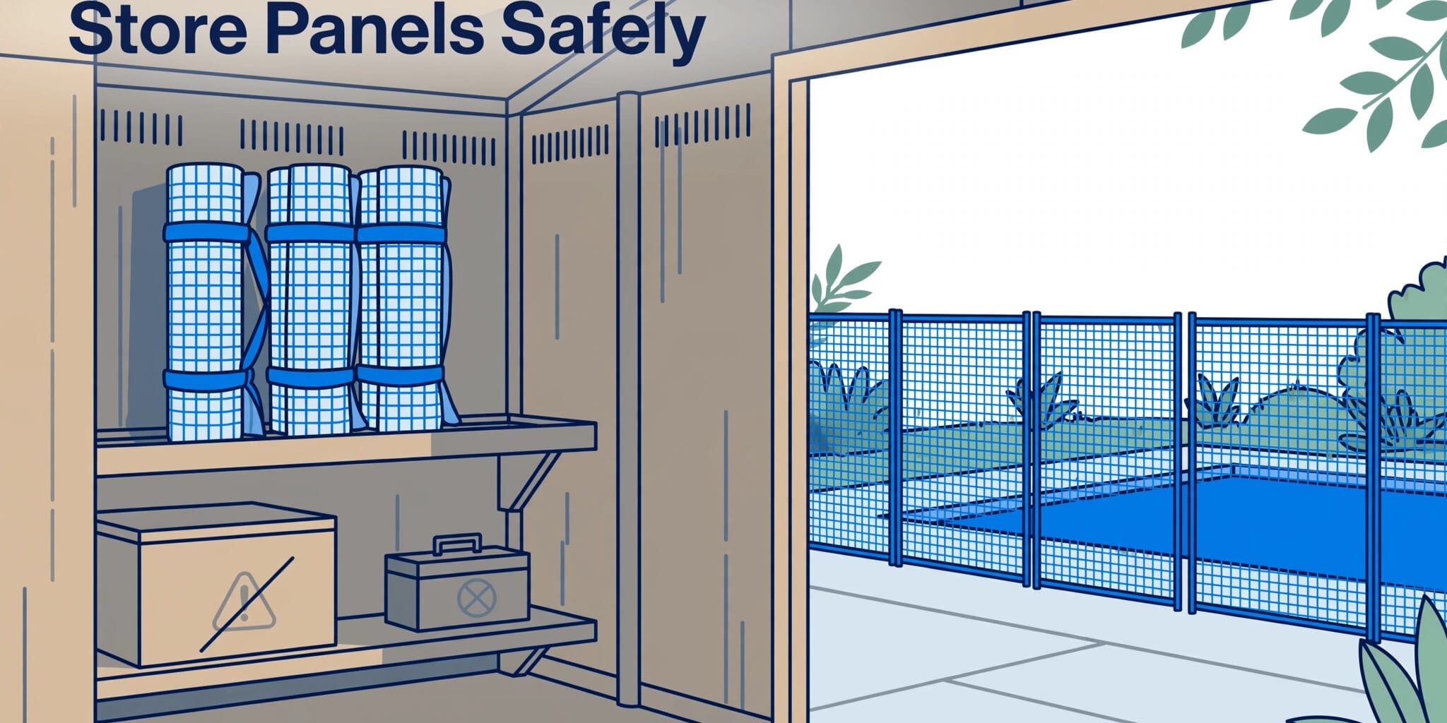 Mesh Barrier Storage Rolled mesh pool panels sit on a shed shelf above the floor.