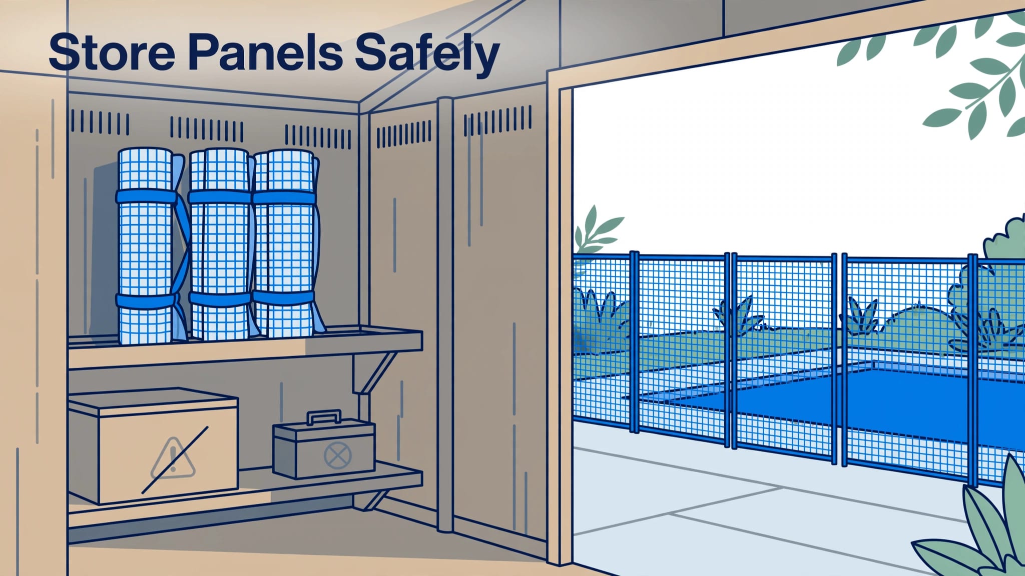 Rolled mesh pool panels sit on a shed shelf above the floor.