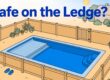 A fenced pool has a shallow ledge, closed gate, and water shoes outside.