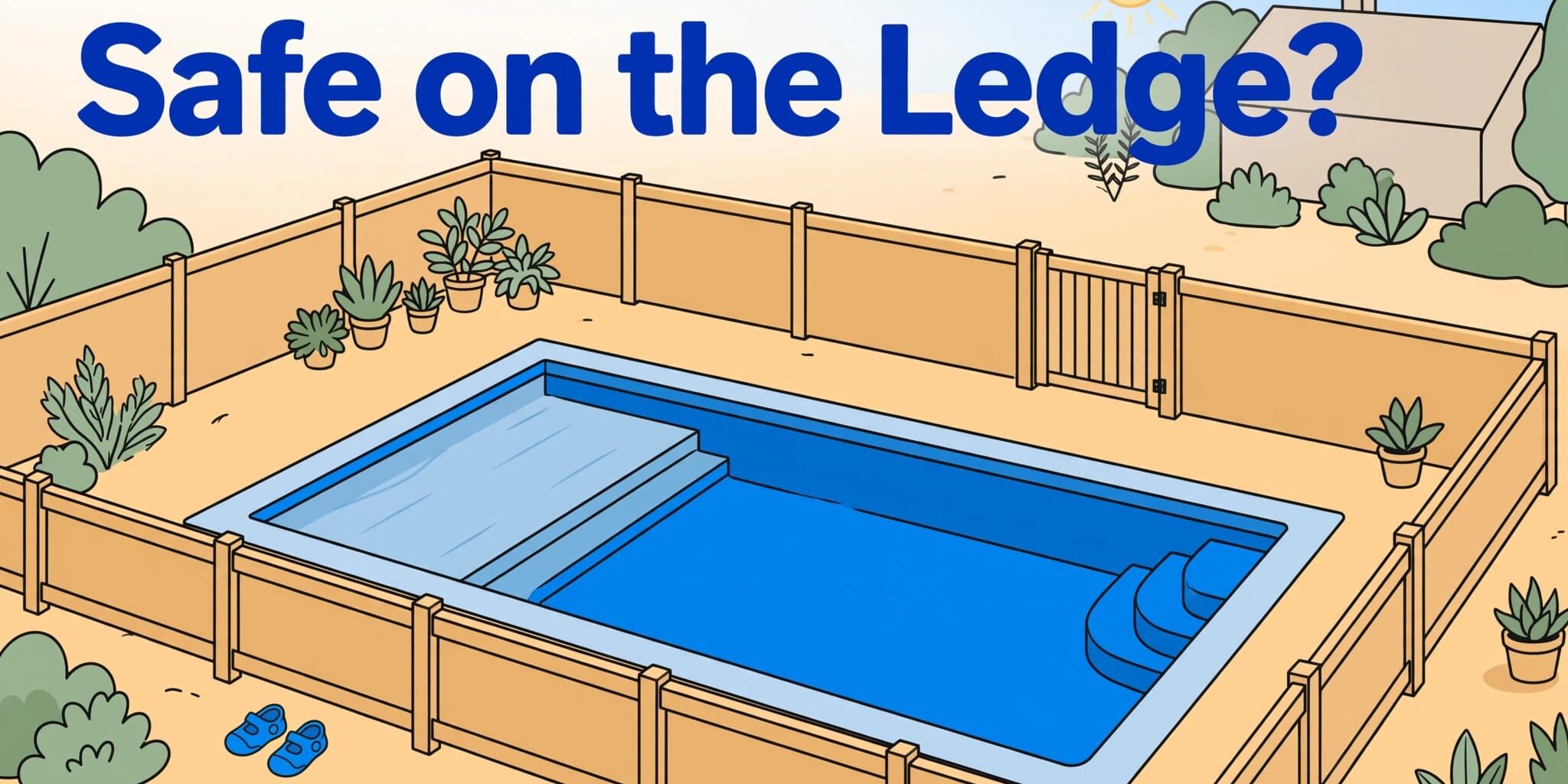 Fenced Pool Tanning Ledge A fenced pool has a shallow ledge, closed gate, and water shoes outside.