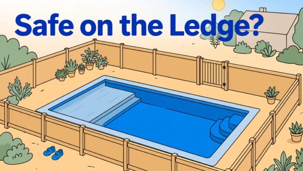 Fenced Pool Tanning Ledge A fenced pool has a shallow ledge, closed gate, and water shoes outside.