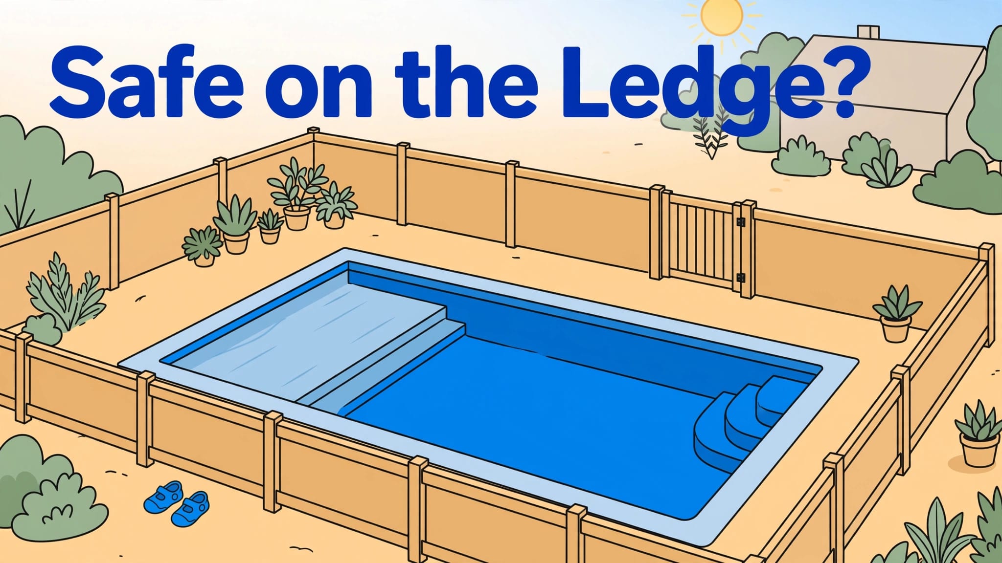 A fenced pool has a shallow ledge, closed gate, and water shoes outside.