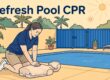 A caregiver practices chest compressions on a mannequin beside a backyard pool.