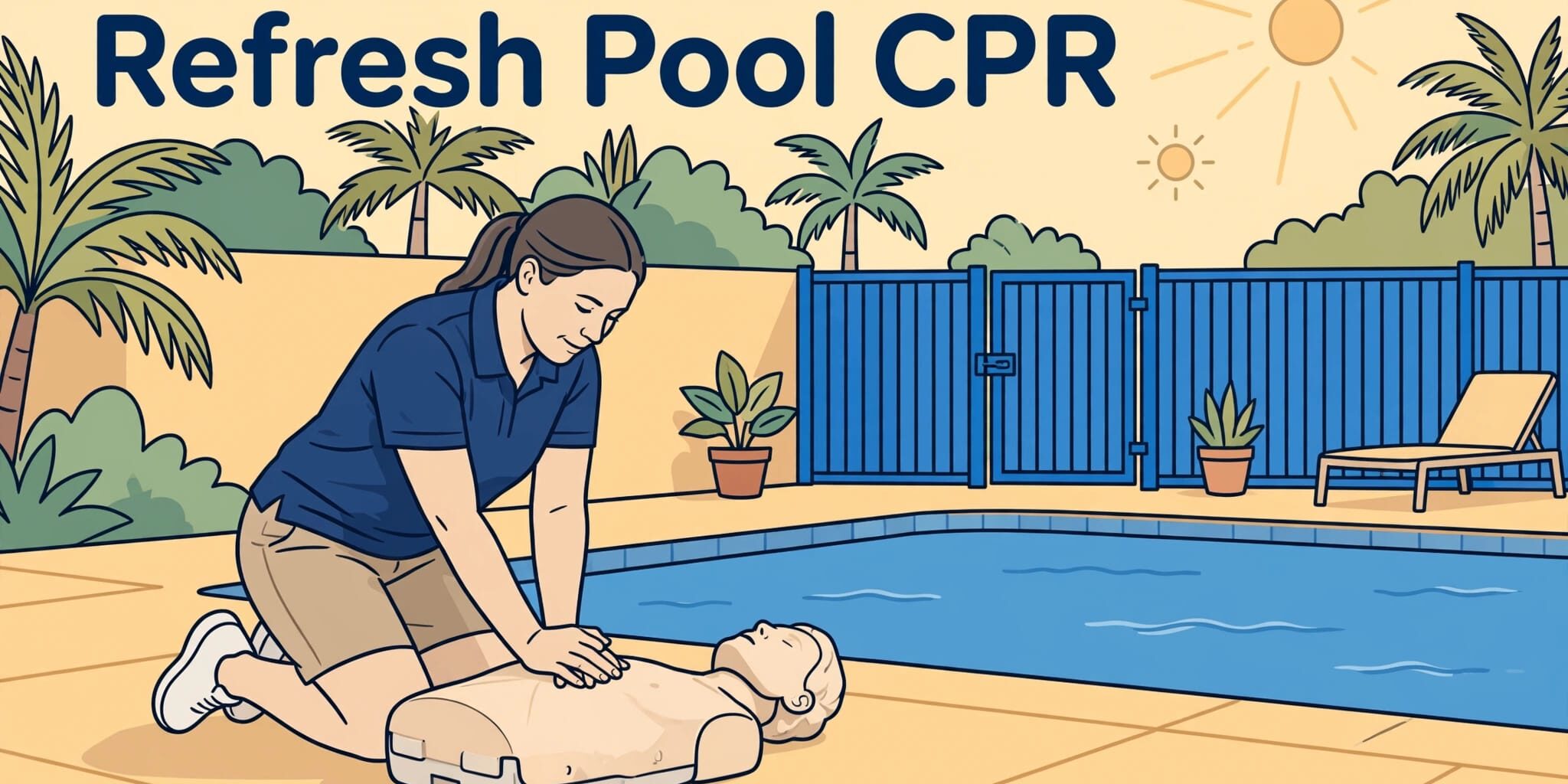 A caregiver practices chest compressions on a mannequin beside a backyard pool.