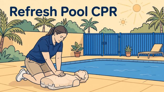 Backyard Pool CPR Practice A caregiver practices chest compressions on a mannequin beside a backyard pool.