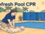 A caregiver practices chest compressions on a mannequin beside a backyard pool.