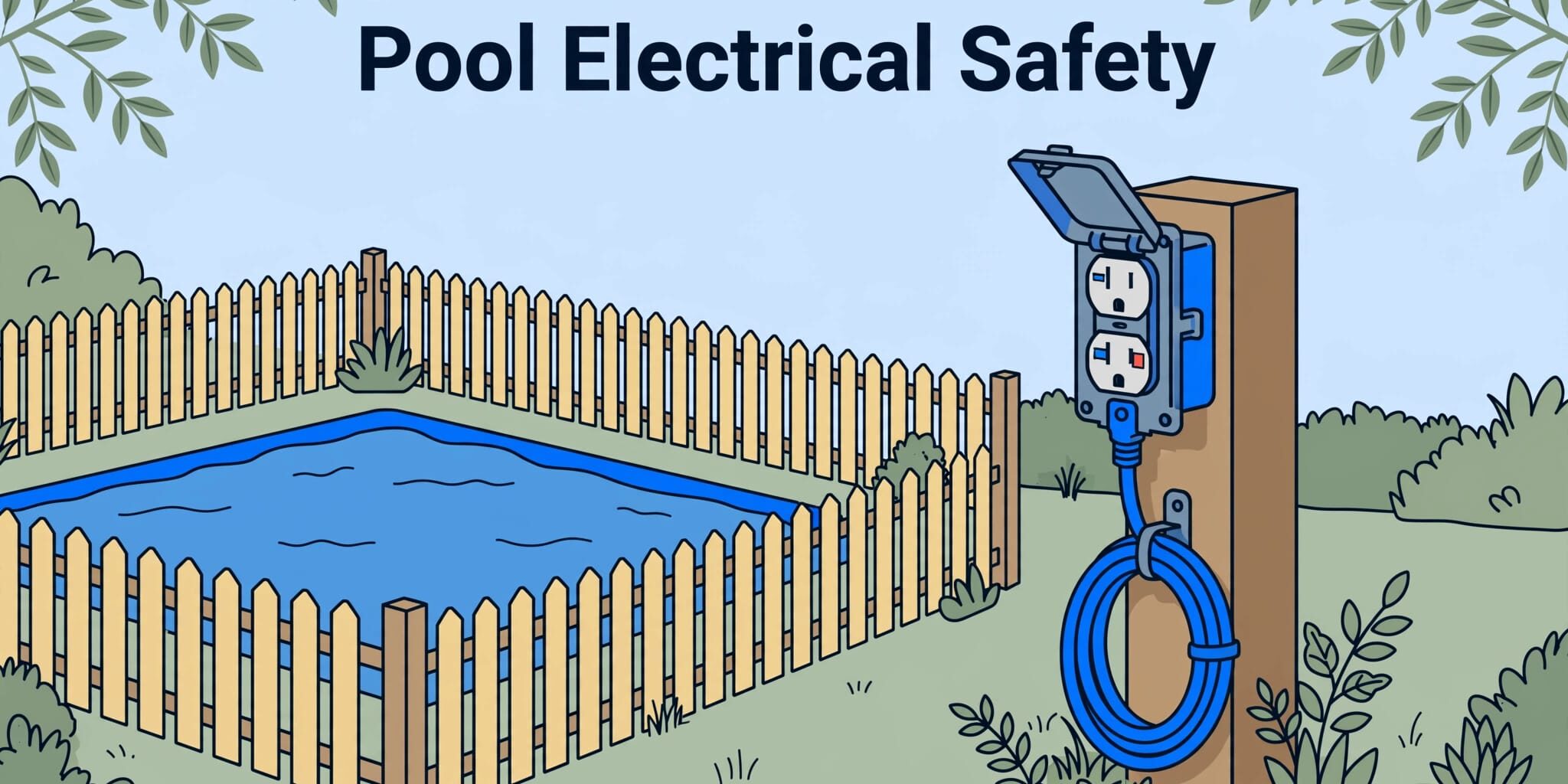 A GFCI outlet and secured cord sit safely away from a blue pool.