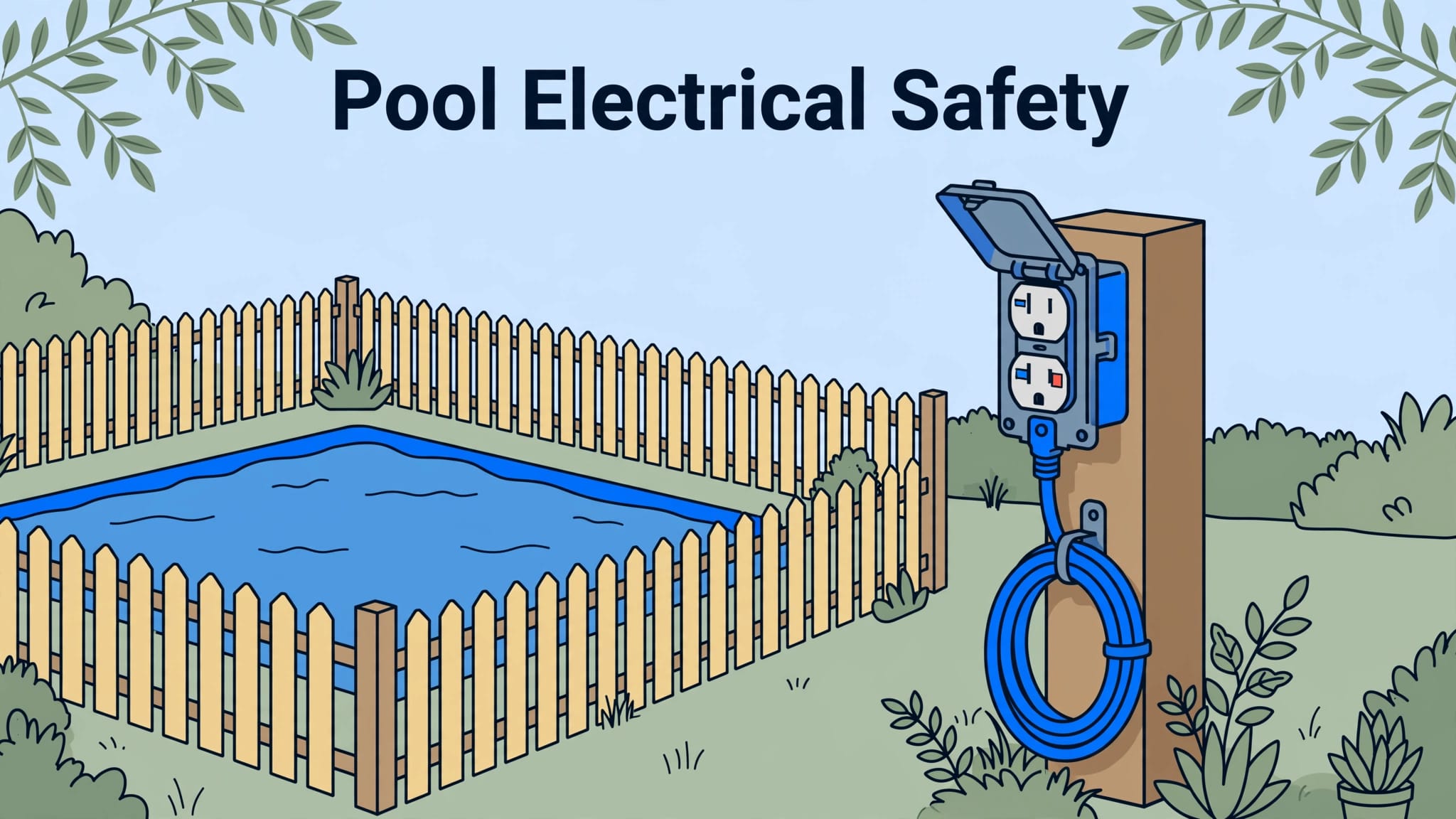 A GFCI outlet and secured cord sit safely away from a blue pool.