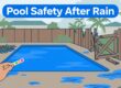 A hand checks a blue pool after rain near a fallen palm frond and damaged gate.