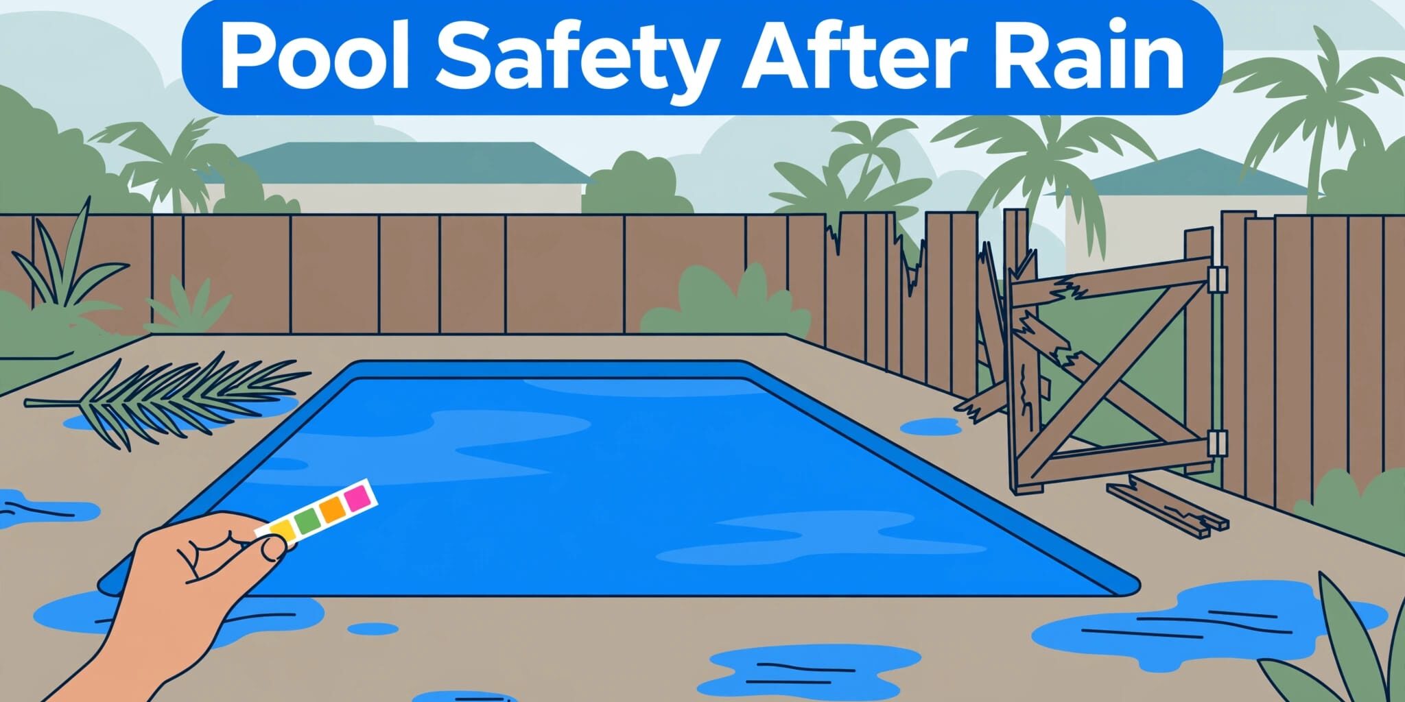 Rainy Backyard Pool A hand checks a blue pool after rain near a fallen palm frond and damaged gate.