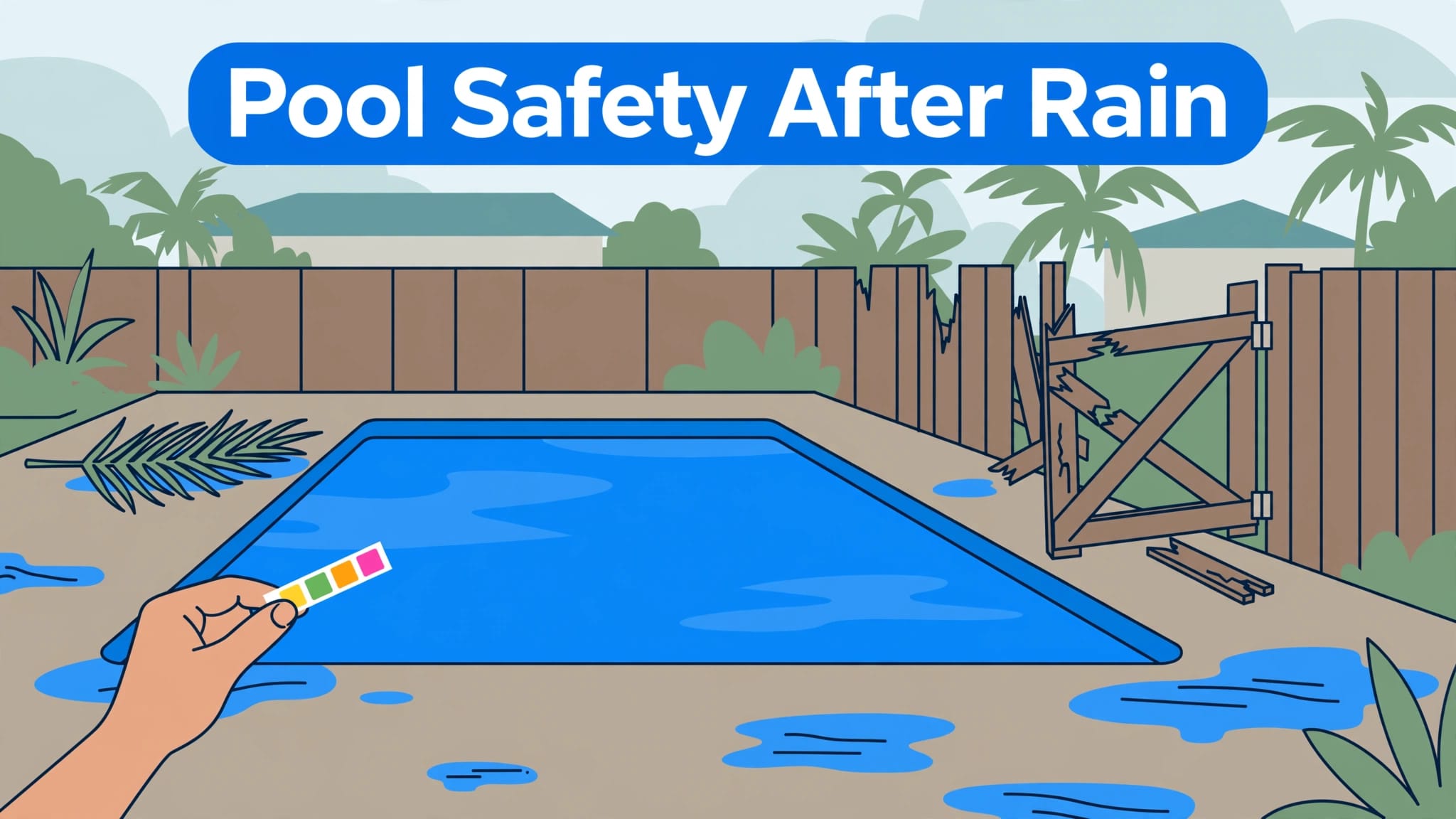 A hand checks a blue pool after rain near a fallen palm frond and damaged gate.
