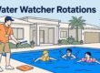 An adult watches children swim in a sunny backyard pool.