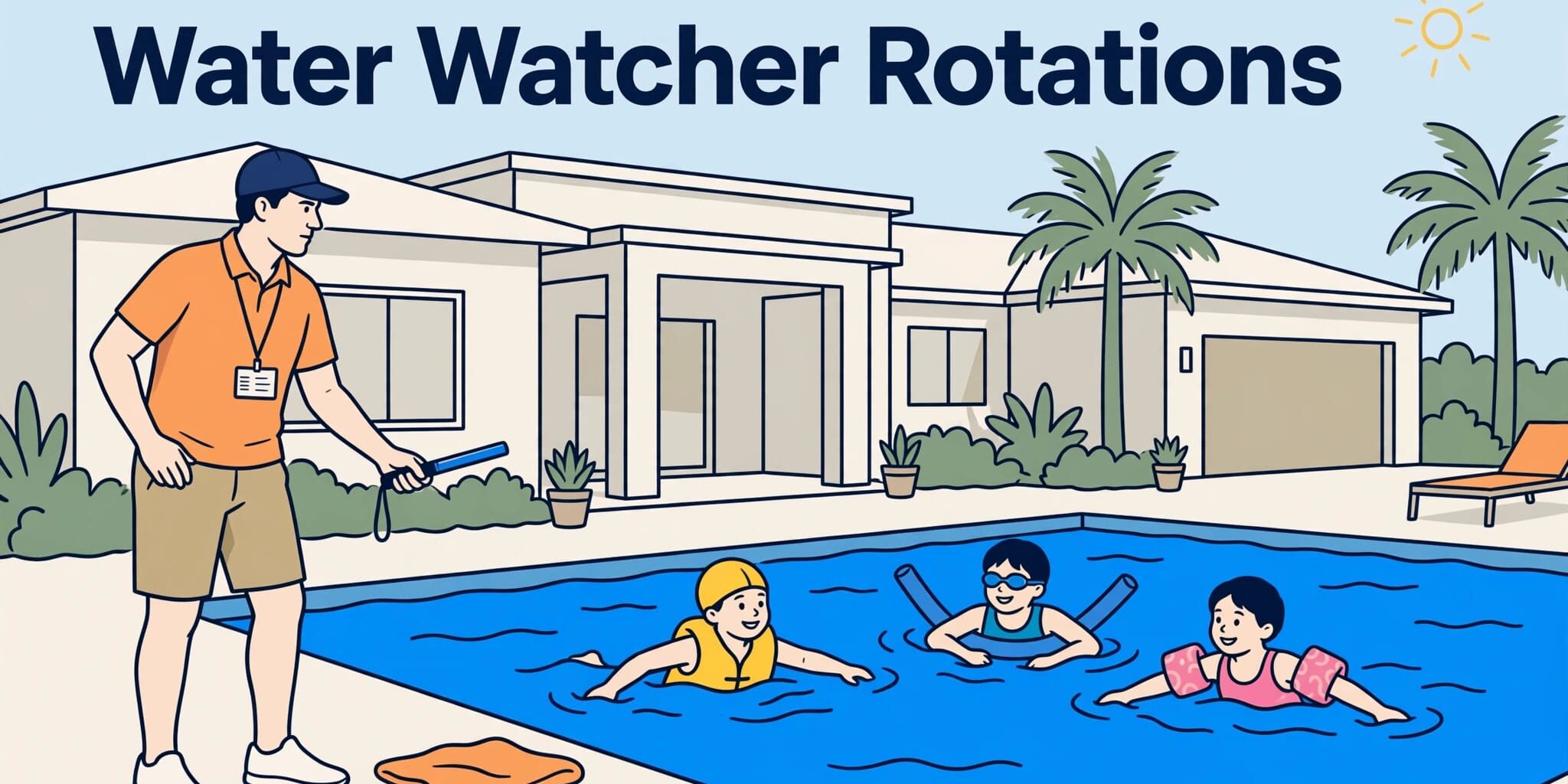 An adult watches children swim in a sunny backyard pool.