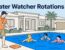 An adult watches children swim in a sunny backyard pool.