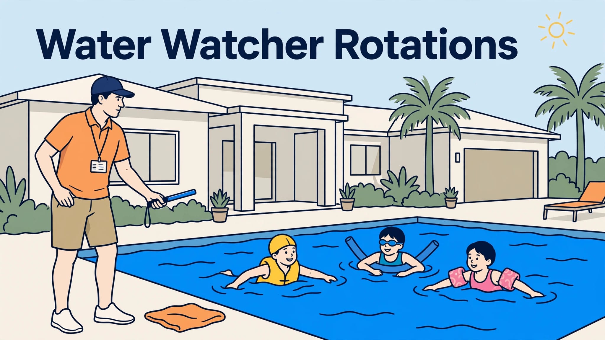 An adult watches children swim in a sunny backyard pool.