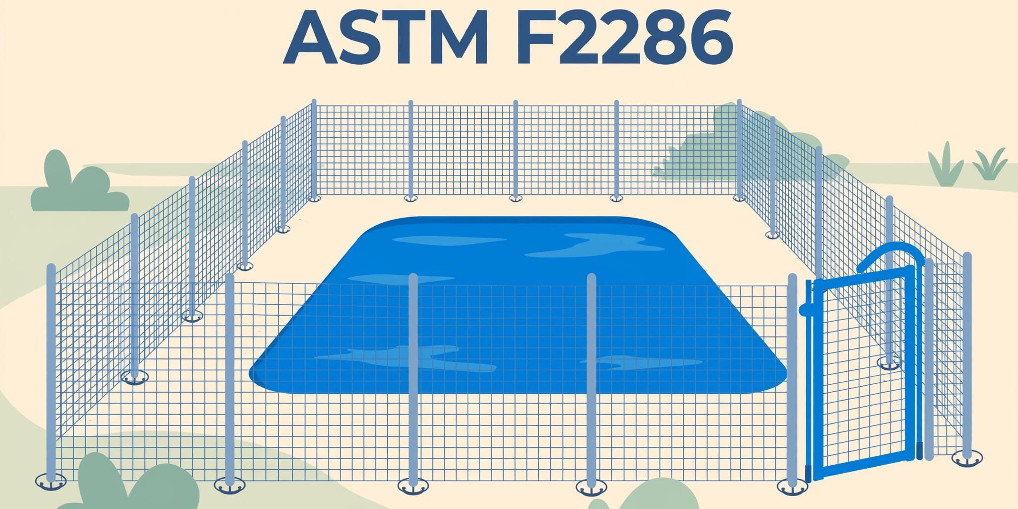 A mesh fence with a self-closing gate surrounds a blue pool beneath the ASTM F2286 headline.