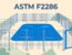 A mesh fence with a self-closing gate surrounds a blue pool beneath the ASTM F2286 headline.