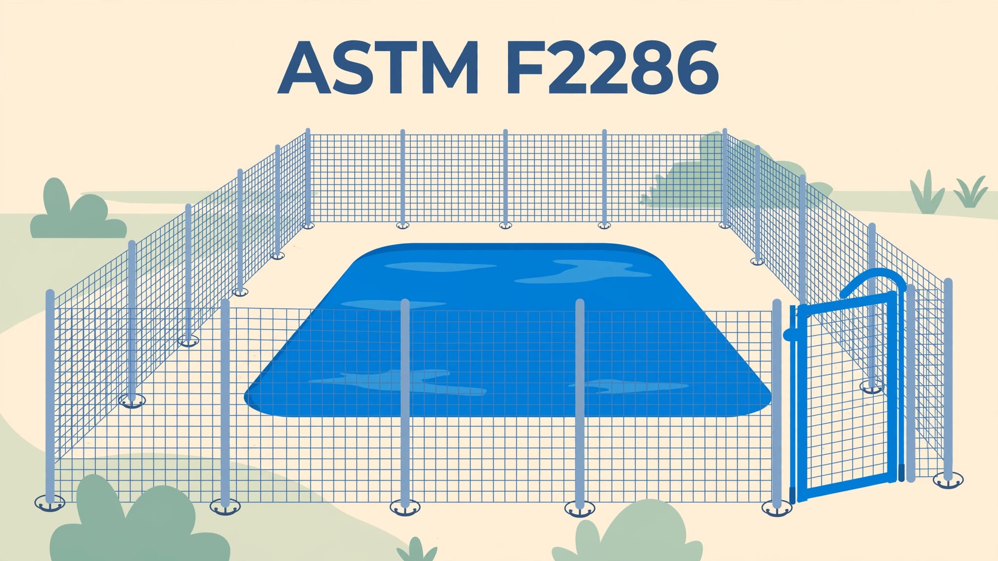 A mesh fence with a self-closing gate surrounds a blue pool beneath the ASTM F2286 headline.