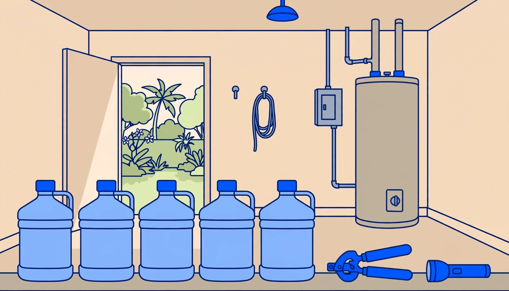 Stored drinking-water containers and a water heater support a household water emergency plan.